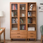 Elegant Brown Cherry and Paulownia Wood Cabinet with Glass and Metal Accents fyx-857