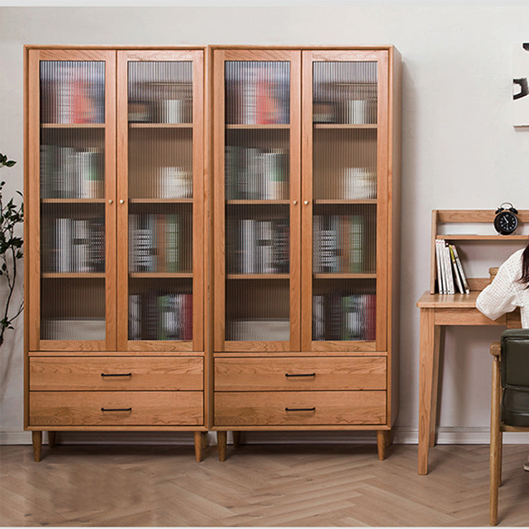 Elegant Brown Cherry and Paulownia Wood Cabinet with Glass and Metal Accents fyx-857