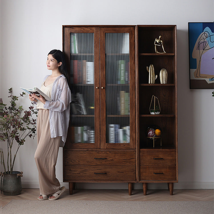 Elegant Brown Cherry and Paulownia Wood Cabinet with Glass and Metal Accents fyx-857