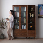 Elegant Brown Cherry and Paulownia Wood Cabinet with Glass and Metal Accents fyx-857