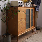Elegant Natural Cherry and Beech Wood Cabinet with Glass and Copper Accents fyx-859