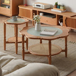 Elegant Cherry Wood & Glass Tea Table with Rattan Accents - Perfect for Any Room fyx-876