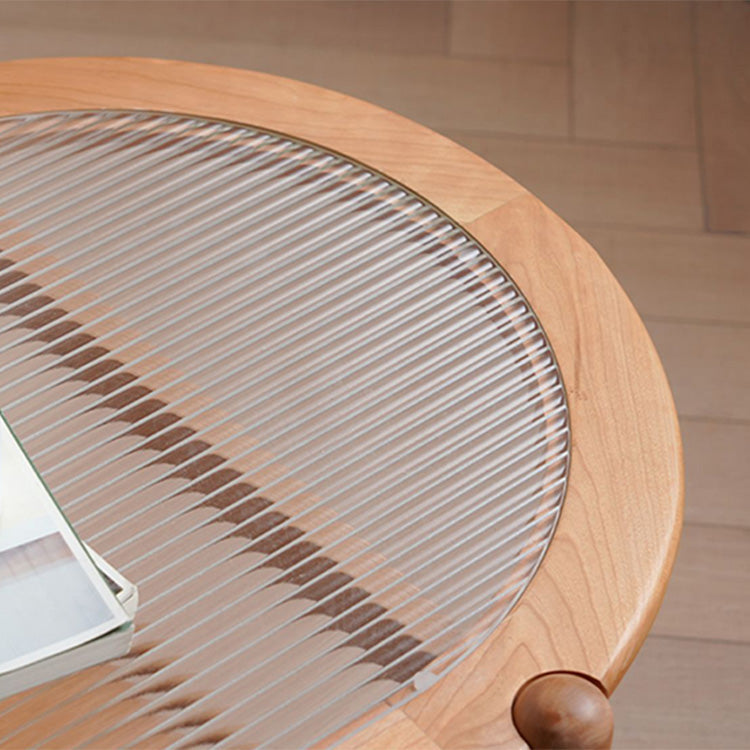 Elegant Cherry Wood and Glass Tea Table with Rattan Accents fyx-877
