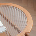 Elegant Cherry Wood and Glass Tea Table with Rattan Accents fyx-877