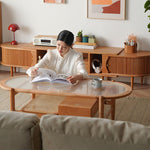 Elegant Cherry Wood and Glass Tea Table with Rattan Accents fyx-877