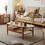 Elegant Cherry Wood and Glass Tea Table with Rattan Accents fyx-877