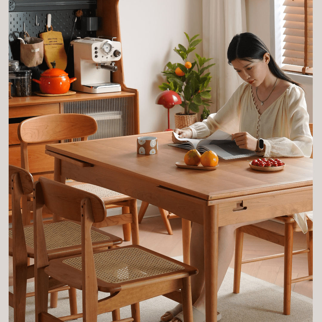 Elegant Natural Cherry Wood Chair with Rattan Detailing fyx-894