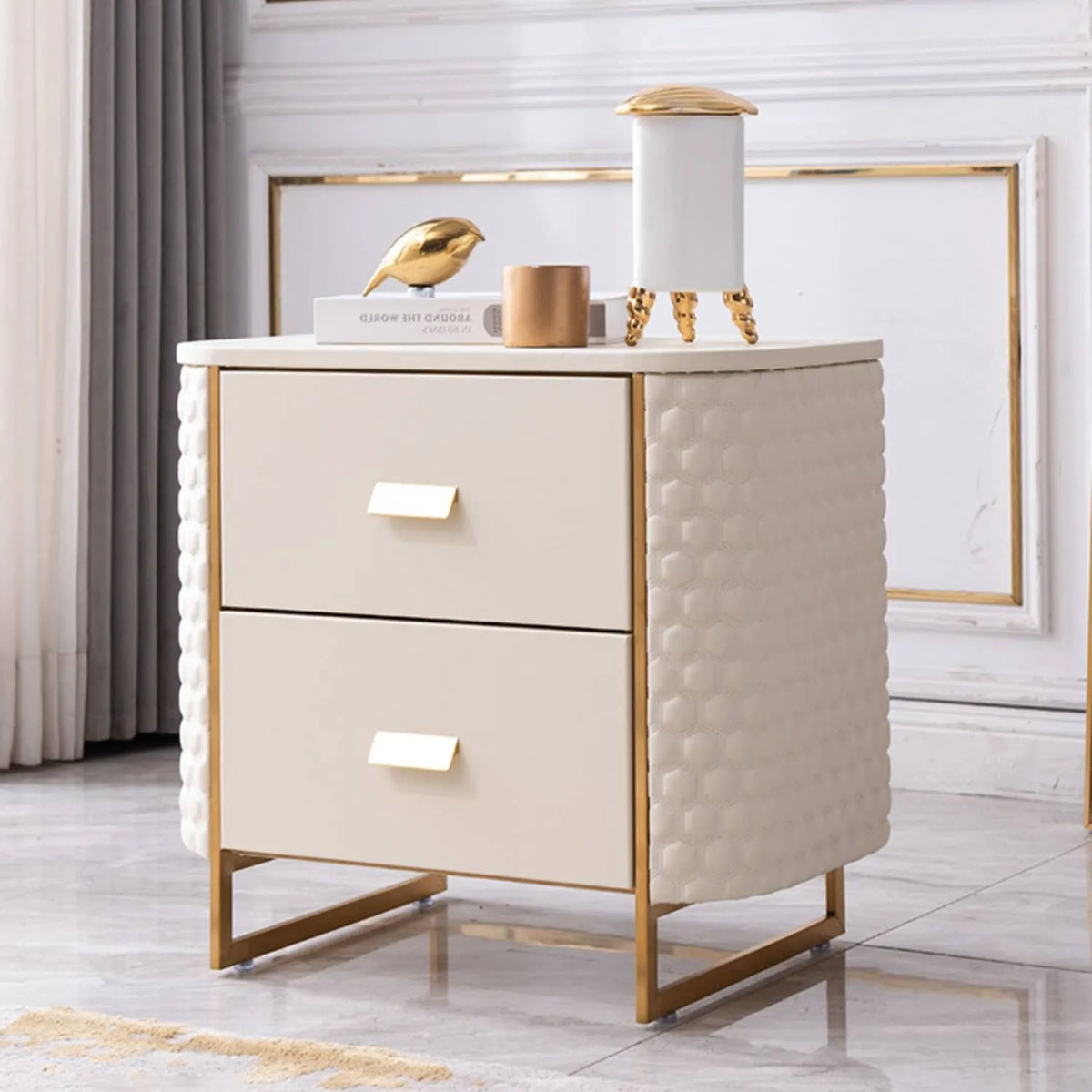 Luxurious Faux Leather Nightstand with Modern Gold Accents fzyhs-2735