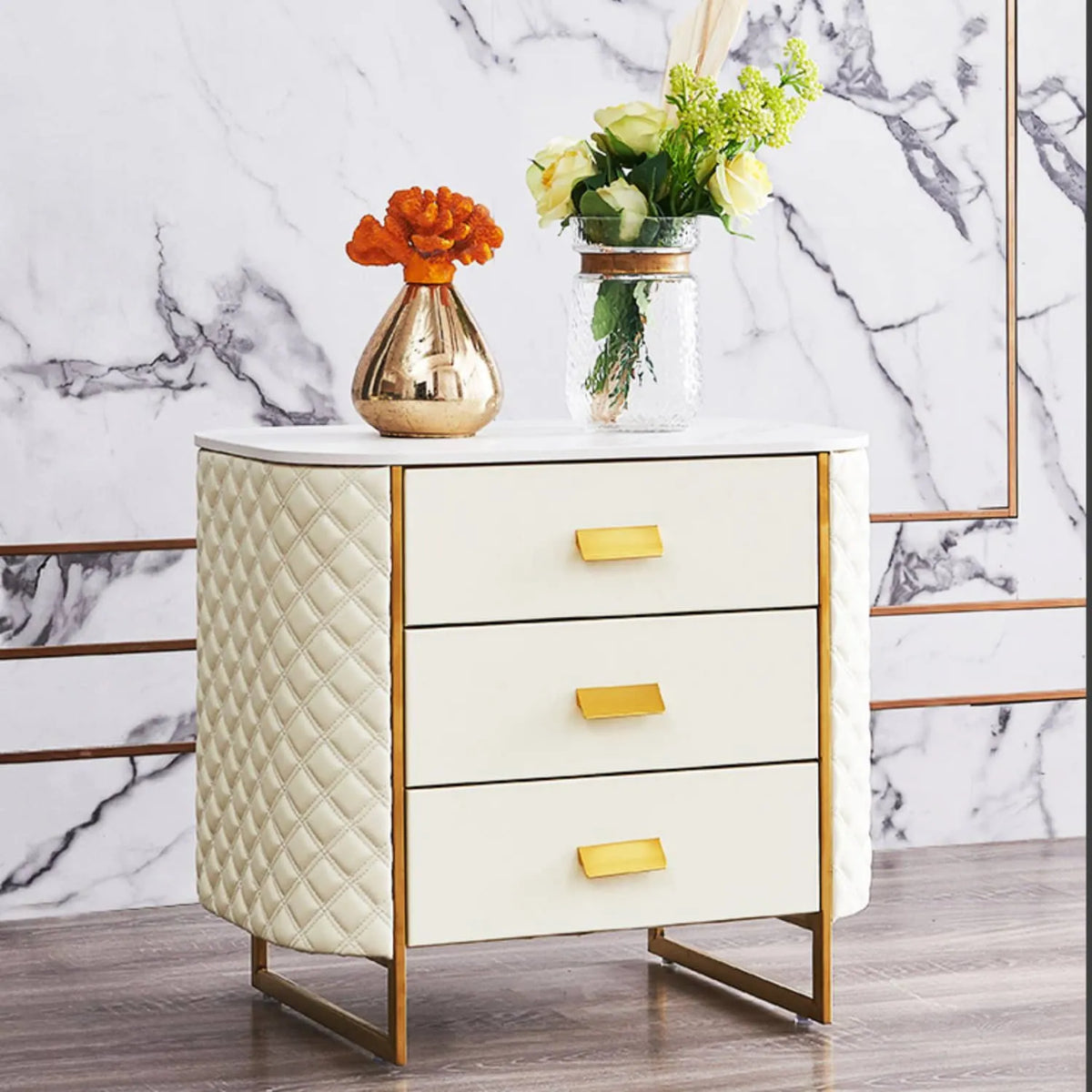Luxurious Faux Leather Nightstand with Modern Gold Accents fzyhs-2735