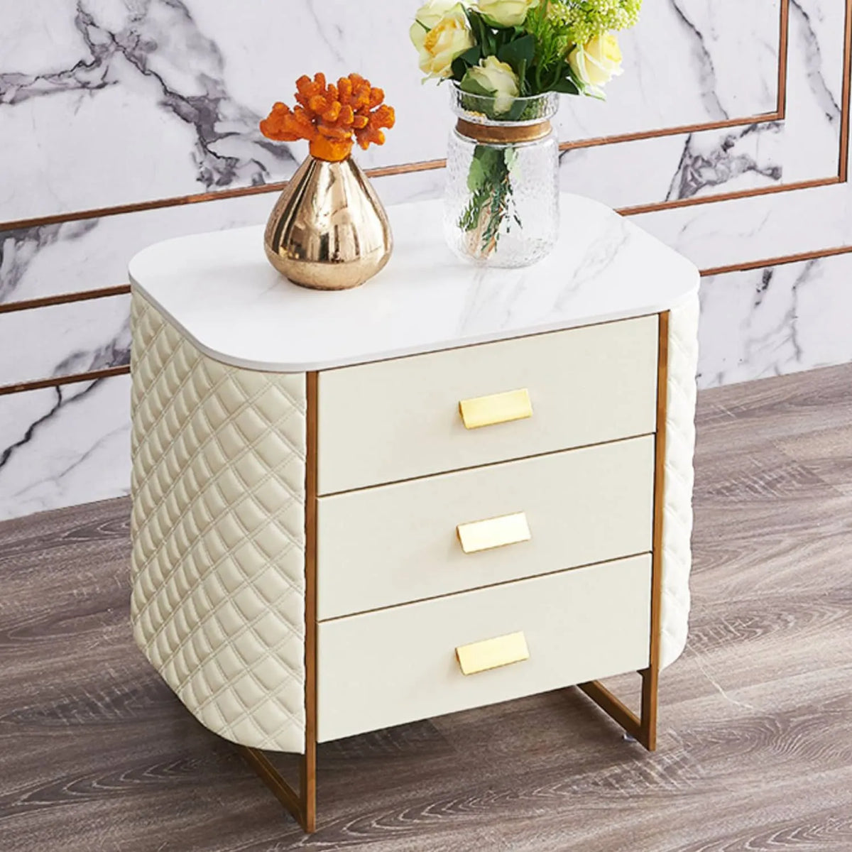 Luxurious Faux Leather Nightstand with Modern Gold Accents fzyhs-2735
