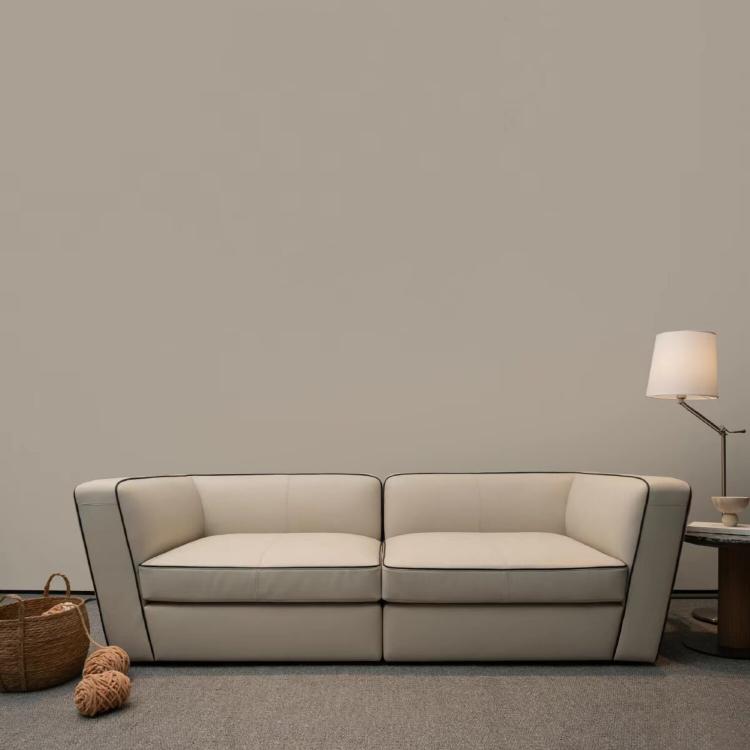Minimalist Geometric Leather Sofa, French Cream Style with Black Accents, Straight-Line Couch for Large Spaces gjzw-0409-72