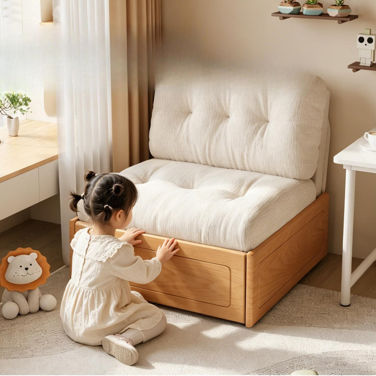 Cream Style Solid Wood Chenille Fabric Sofa Bed, Extendable Fold-Out Sleeper Chair for Small Spaces gw-805