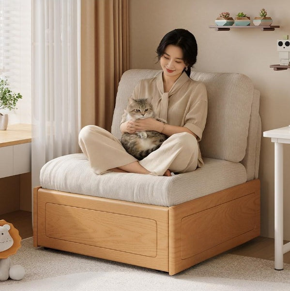 Cream Style Solid Wood Chenille Fabric Sofa Bed, Extendable Fold-Out Sleeper Chair for Small Spaces gw-805