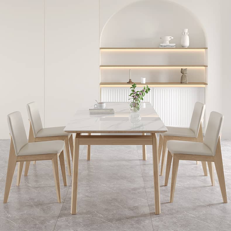 Stylish Table with White Sintered Stone Top and Ash Wood Multi-Layer Board hagst-558