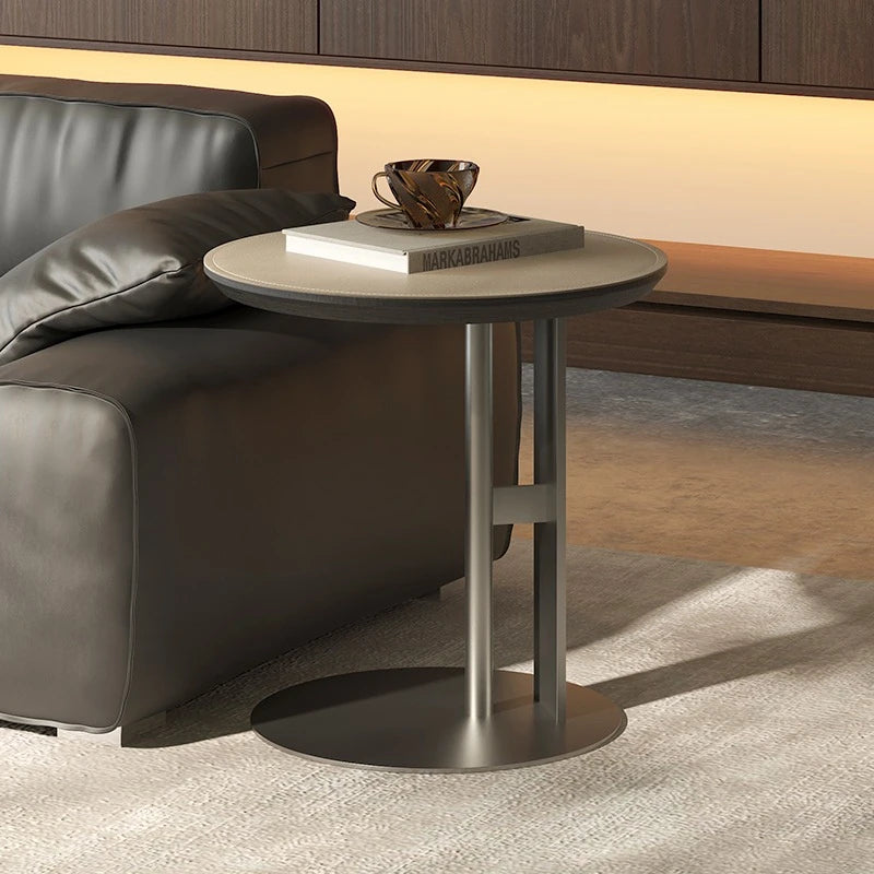 Stylish Synthetic Leather and Stainless Steel Tea Table – Modern Minimalist Round Side Table for Living Room Décor hakt-5147