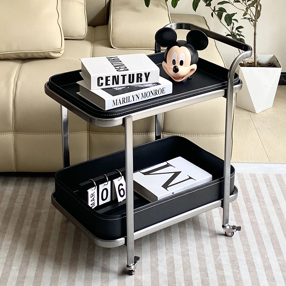 Stylish Synthetic Leather and Stainless Steel Tea Table with Wheels - Modern Home Decor للبيع hakt-5152
