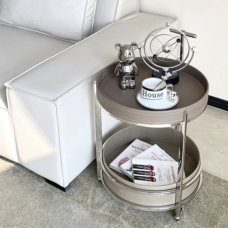 Stylish Synthetic Leather and Stainless Steel Tea Table with Dual Storage Shelves – Modern Home Decor Accent hakt-5153