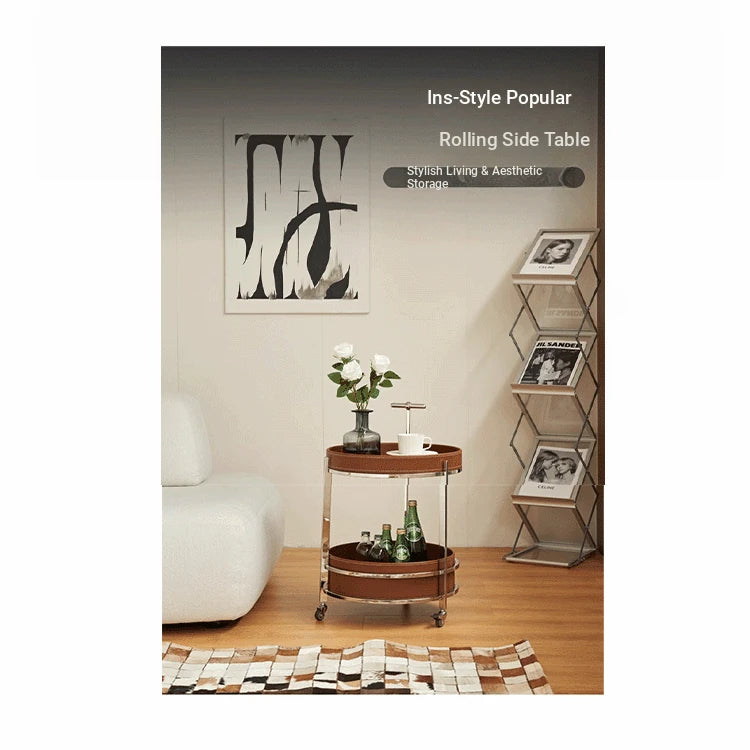 Stylish Synthetic Leather and Stainless Steel Tea Table with Dual Storage Shelves – Modern Home Decor Accent hakt-5153