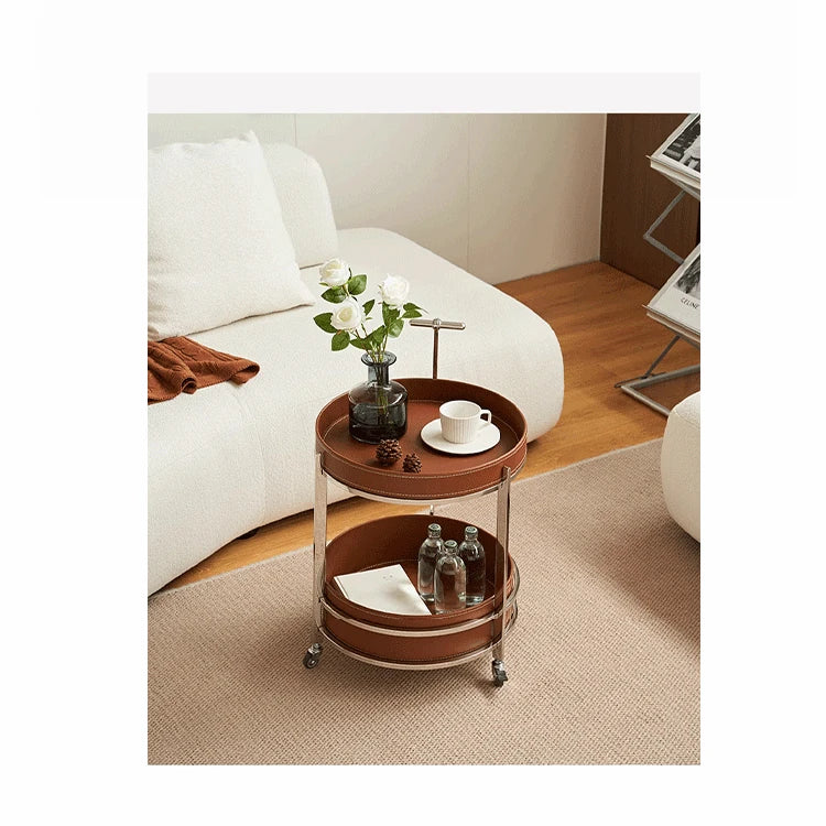 Stylish Synthetic Leather and Stainless Steel Tea Table with Dual Storage Shelves – Modern Home Decor Accent hakt-5153