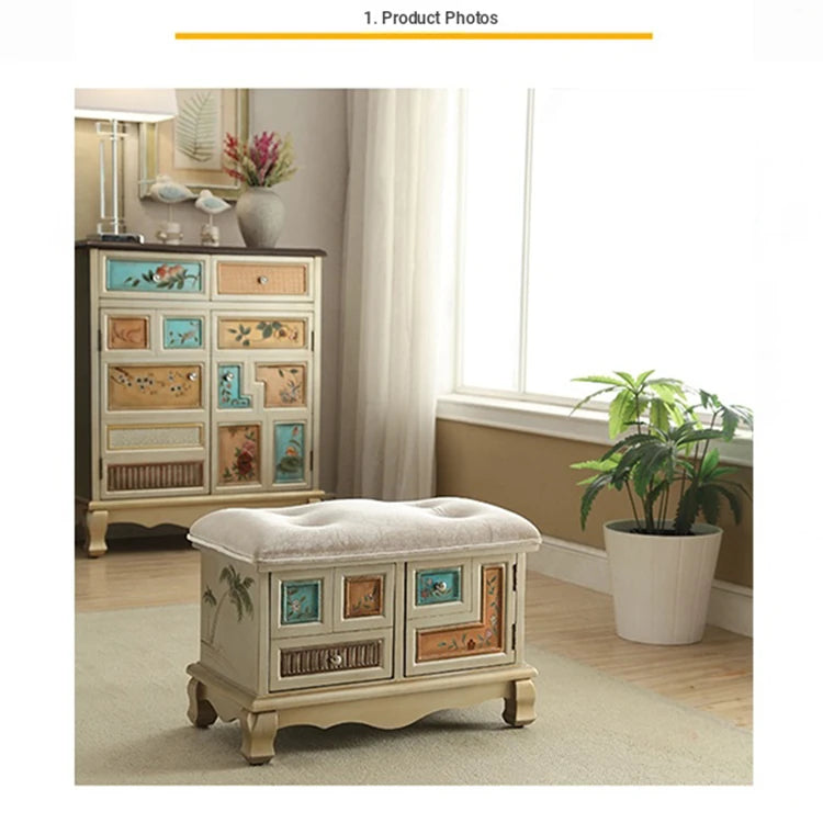 Elegant Oak Stool with Tufted Cushion – Stylish Storage Solution for Any Room halmh-5295