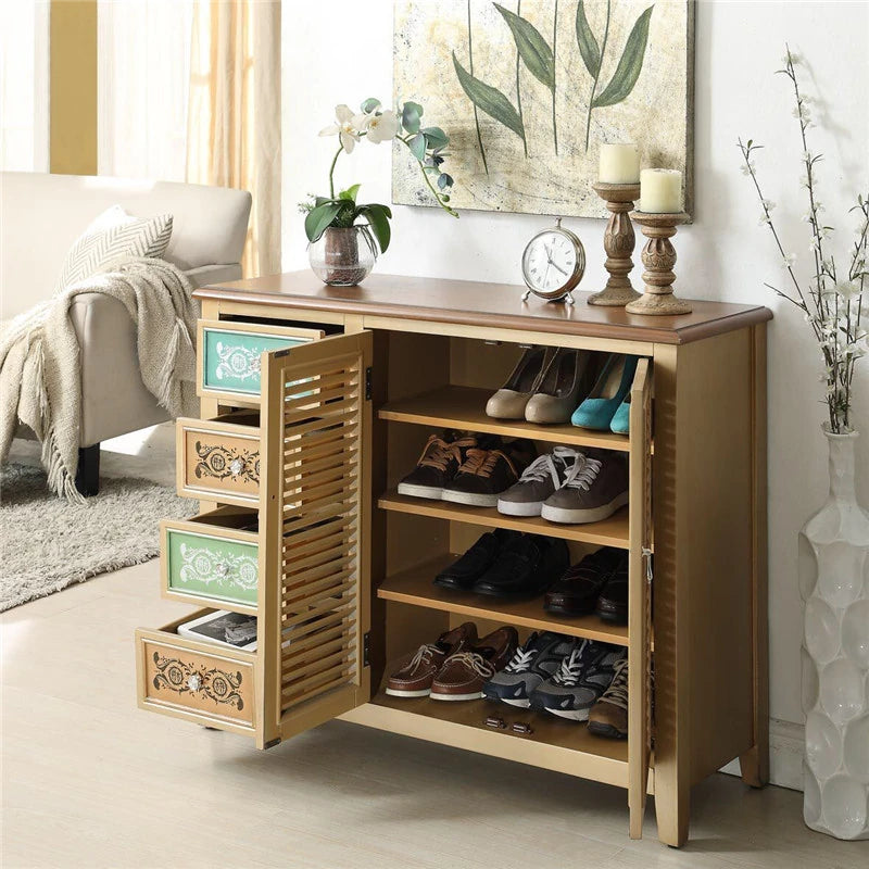 Elegant Oak Shoe Cabinet with Unique Decorative Drawers – Stylish Storage Solution for Your Entryway halmh-5296