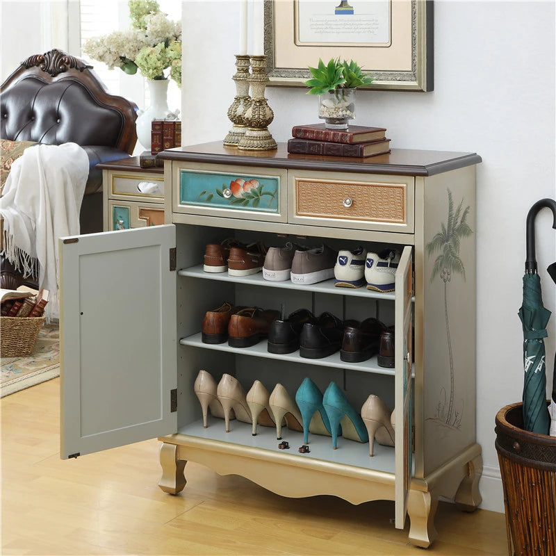 Stylish Oak Shoe Cabinet with Vintage-Inspired Design and Ample Storage Space halmh-5298
