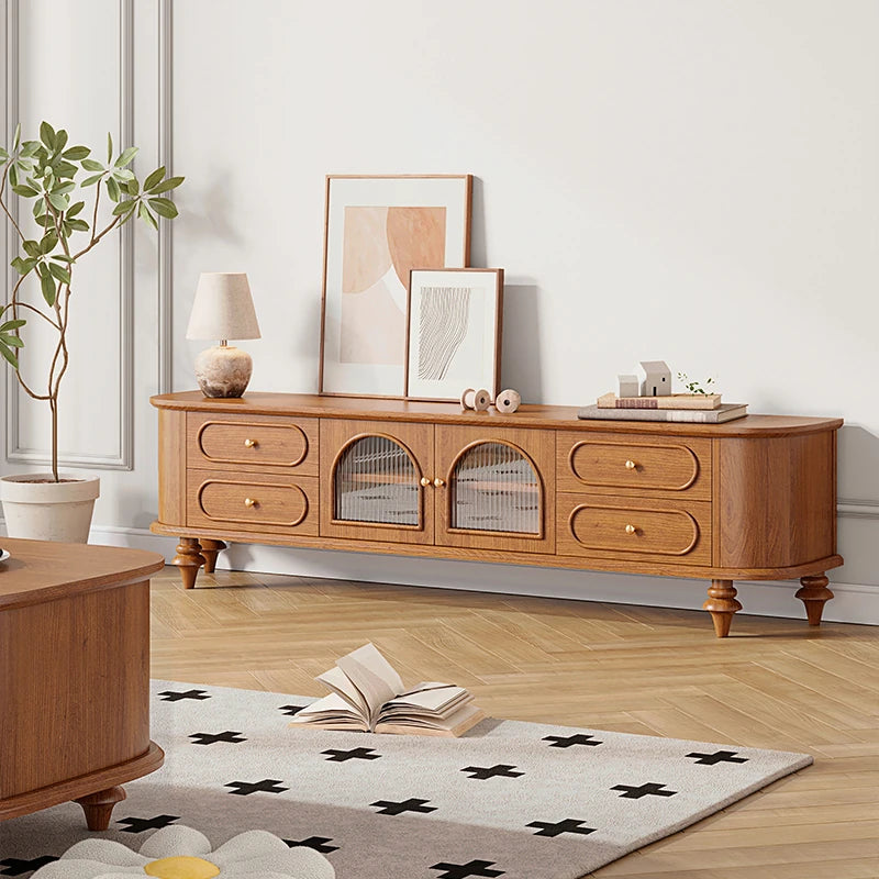 Elegant Solid Wood TV Stand with Glass Doors - Stylish Multi-Layer Storage Unit for Living Room Decor halmh-5301