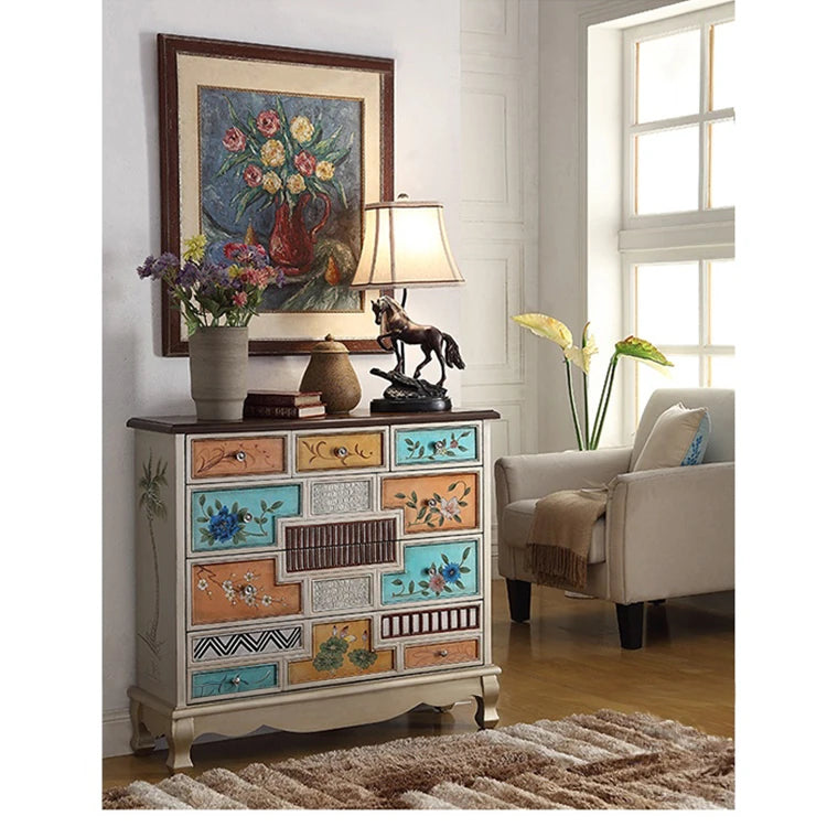 Stylish Oak Cabinet with Colorful Drawers for Living Room Storage Solutions halmh-5303