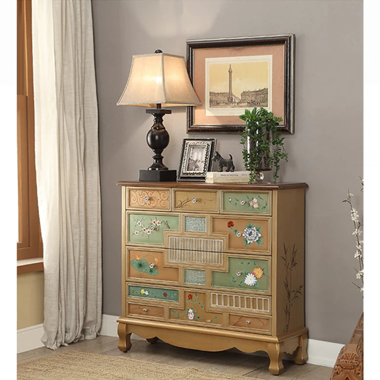 Stylish Oak Cabinet with Colorful Drawers for Living Room Storage Solutions halmh-5303