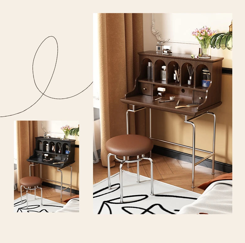 Elegant Solid Wood Makeup Vanity with Stainless Steel Legs – Chic Dressing Table for a Stylish Bedroom Setup halmh-5316