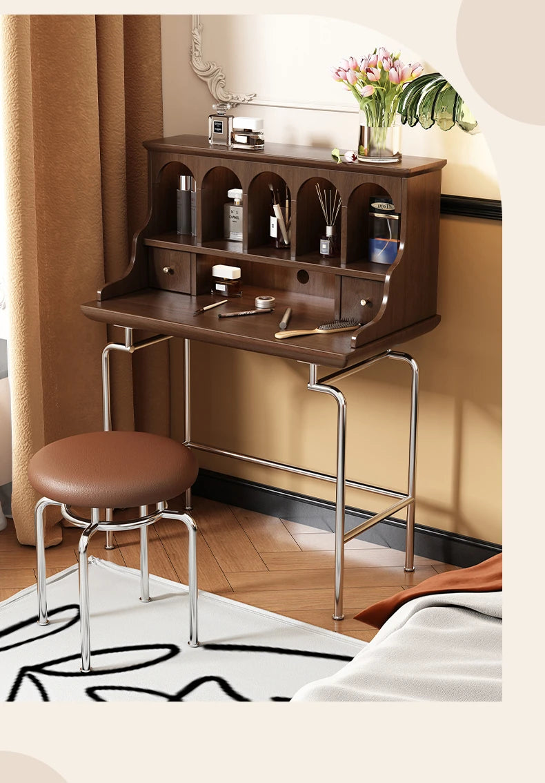 Elegant Solid Wood Makeup Vanity with Stainless Steel Legs – Chic Dressing Table for a Stylish Bedroom Setup halmh-5316