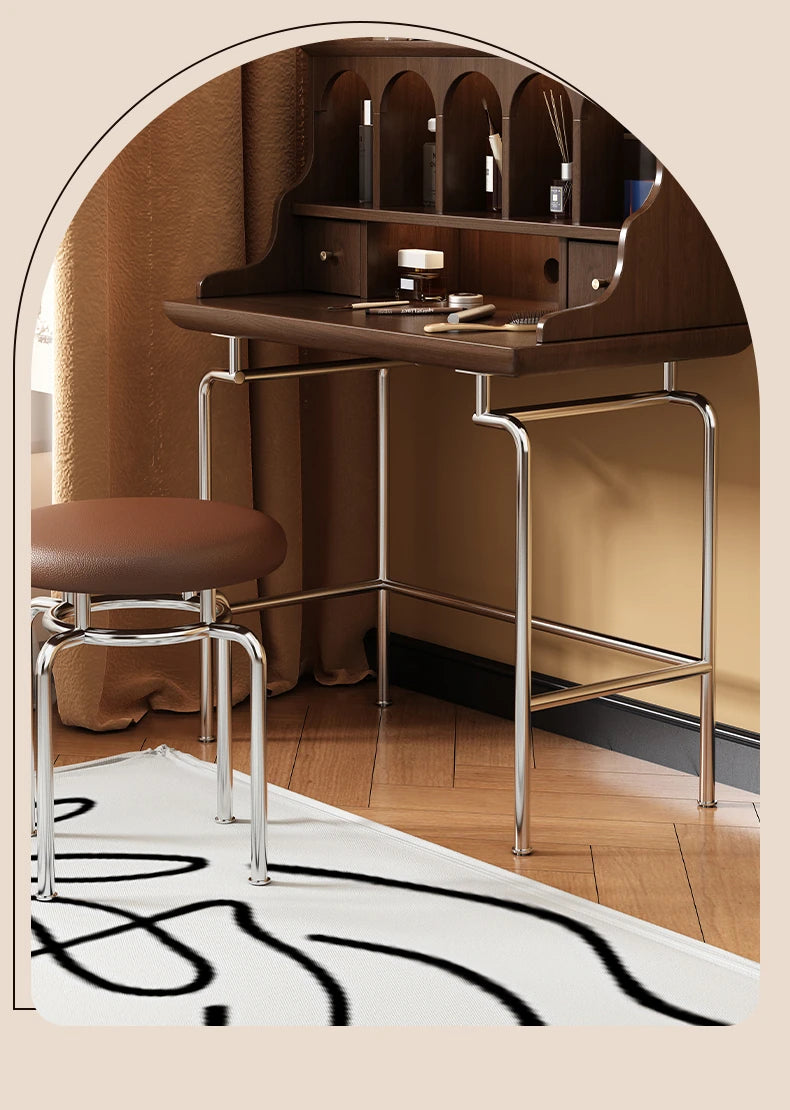 Elegant Solid Wood Makeup Vanity with Stainless Steel Legs – Chic Dressing Table for a Stylish Bedroom Setup halmh-5316