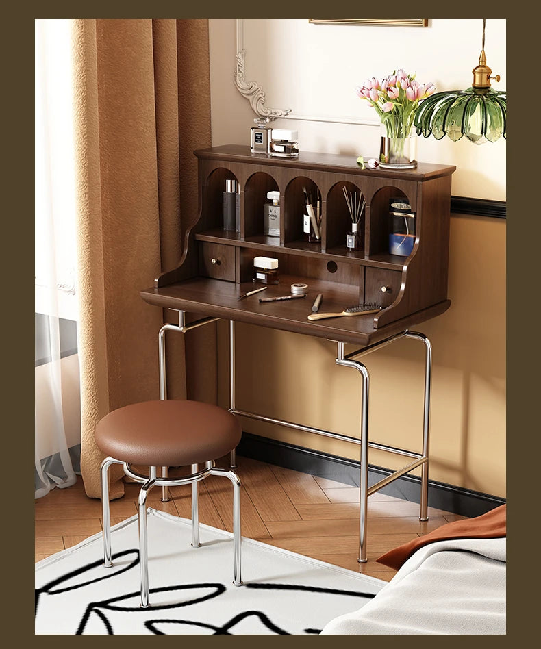 Elegant Solid Wood Makeup Vanity with Stainless Steel Legs – Chic Dressing Table for a Stylish Bedroom Setup halmh-5316