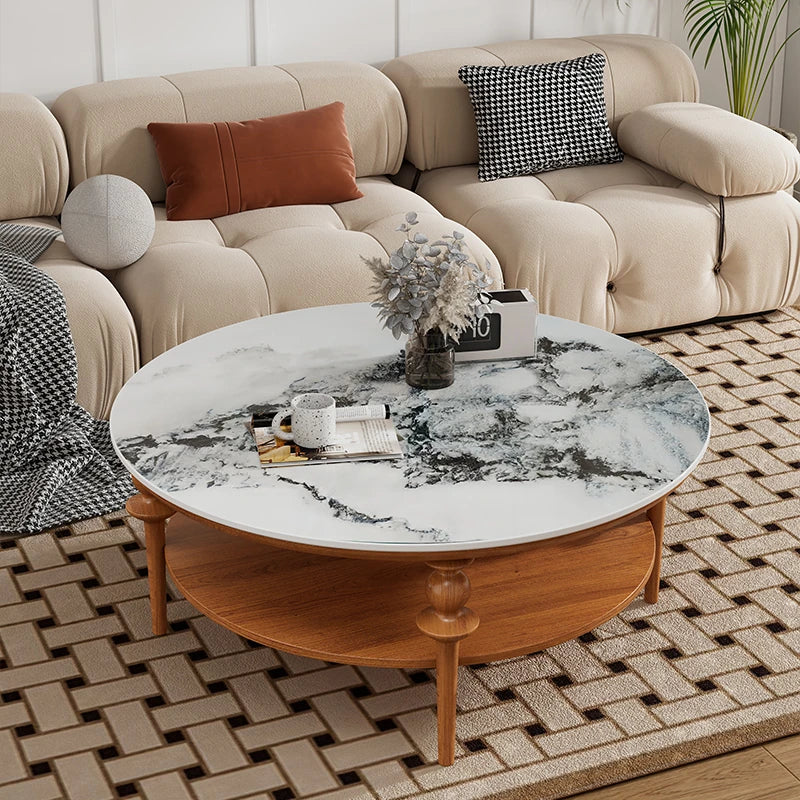 Stylish Solid Wood Coffee Table with Multi-Layer Board & Sintered Stone Top – Round Modern Centerpiece for Living Room halmh-5322