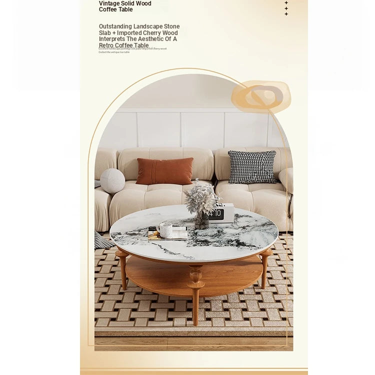 Stylish Solid Wood Coffee Table with Multi-Layer Board & Sintered Stone Top – Round Modern Centerpiece for Living Room halmh-5322