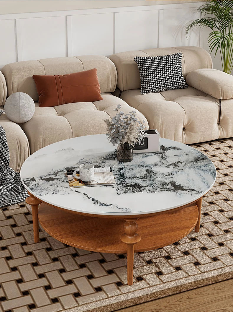 Stylish Solid Wood Coffee Table with Multi-Layer Board & Sintered Stone Top – Round Modern Centerpiece for Living Room halmh-5322