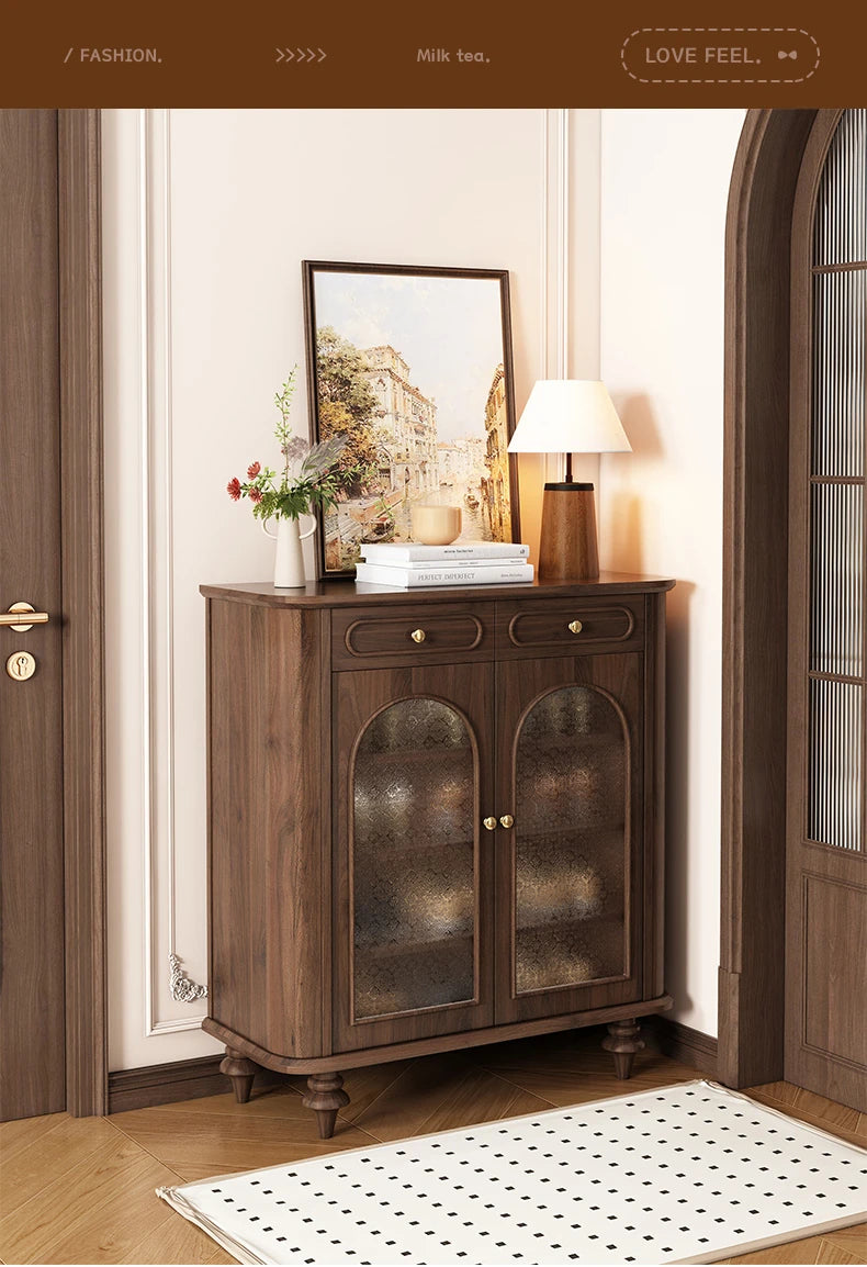 Elegant Black Walnut Shoe Cabinet with Glass Doors - Stylish Multi-Layer Storage Solution for Your Entryway halmh-5324
