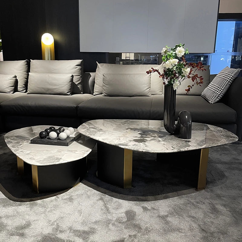 Elegant Oval Coffee Table in Sintered Stone with Gold Accents - Modern Living Room Centrepiece hbso-3011