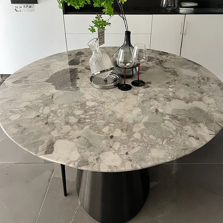 Elegant Round Dining Table with Sintered Stone Top and Stainless Steel Base – Modern Multi-Layer Design for Stylish Interiors hbso-3012