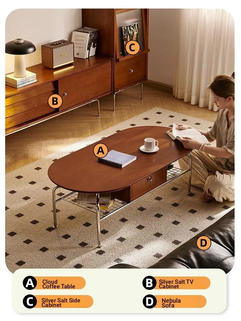 Stylish Cherry Wood & Stainless Steel Coffee Table - Space-Saving Design for Modern Living Rooms - 47.24 x 23.62 hby-4600