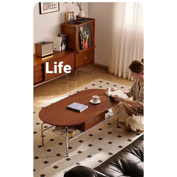 Stylish Cherry Wood & Stainless Steel Coffee Table - Space-Saving Design for Modern Living Rooms - 47.24 x 23.62 hby-4600