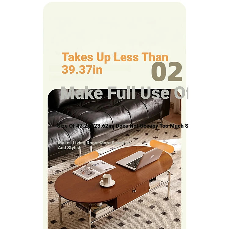 Stylish Cherry Wood & Stainless Steel Coffee Table - Space-Saving Design for Modern Living Rooms - 47.24 x 23.62 hby-4600