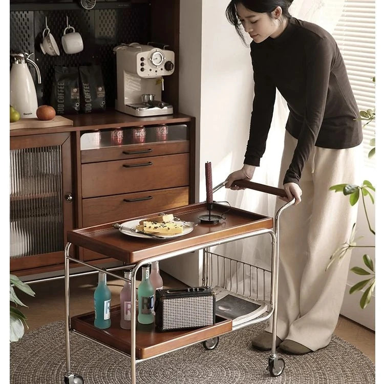Elegant Cherry Wood and Stainless Steel Serving Cart – Perfect for Home Entertaining and Stylish Storage hby-4602