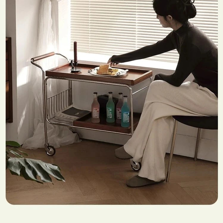 Elegant Cherry Wood and Stainless Steel Serving Cart – Perfect for Home Entertaining and Stylish Storage hby-4602