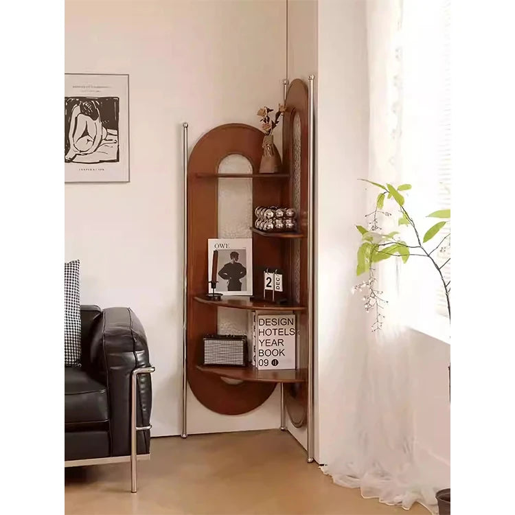 Elegant Cherry Wood and Glass Corner Storage Rack - Stylish Multi-Functional Shelving Unit for Home Decor hby-4603