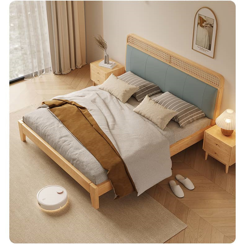 Stylish Blue and Yellow Synthetic Leather Bed with Pine and Oak Wood Elements hbzwg-636