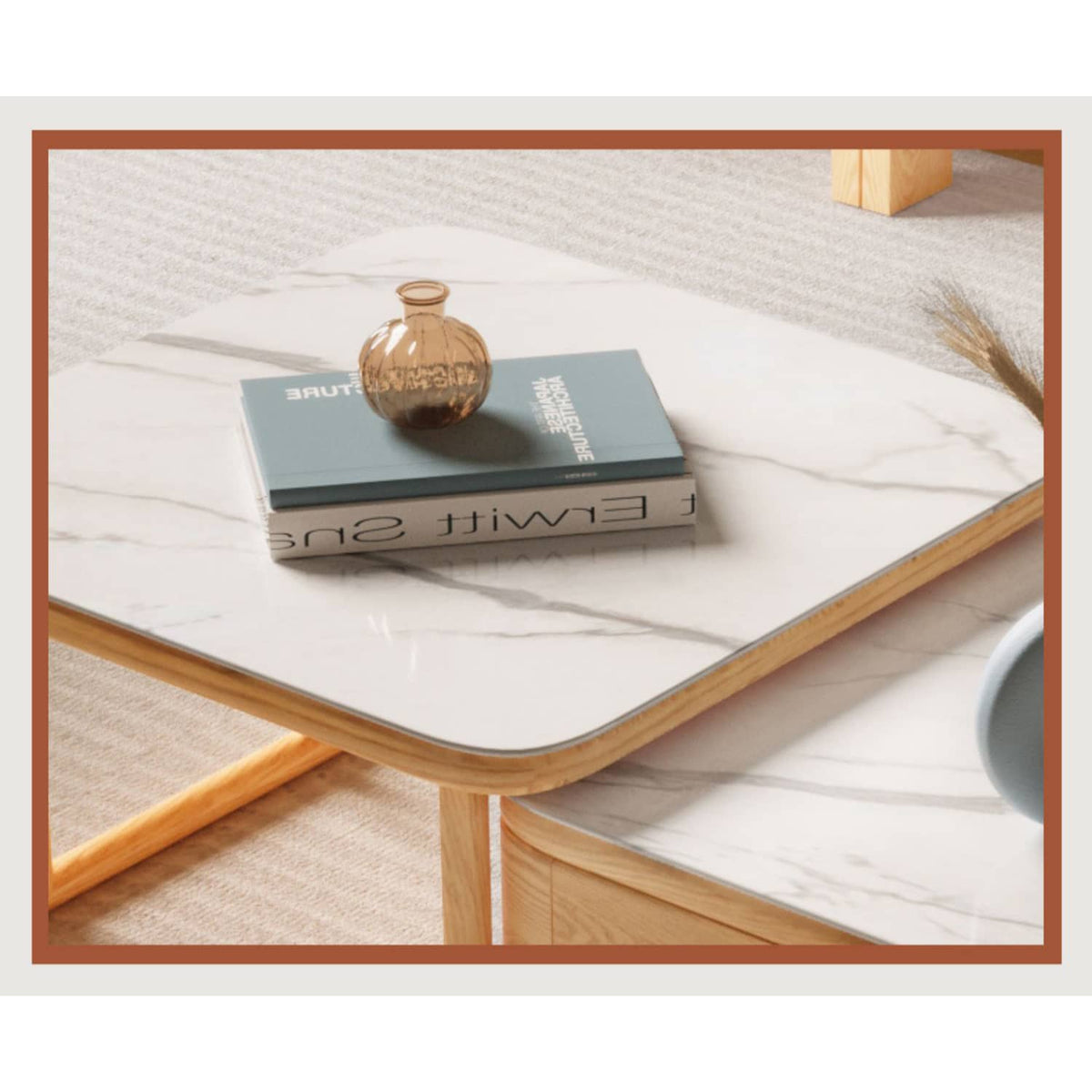 Elegant White Sintered Stone Tea Table with Oak Wood and Metal Accents hbzwg-638