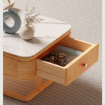 Elegant White Sintered Stone Tea Table with Oak Wood and Metal Accents hbzwg-638