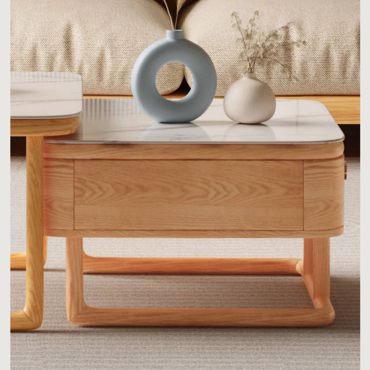 Elegant White Sintered Stone Tea Table with Oak Wood and Metal Accents hbzwg-638