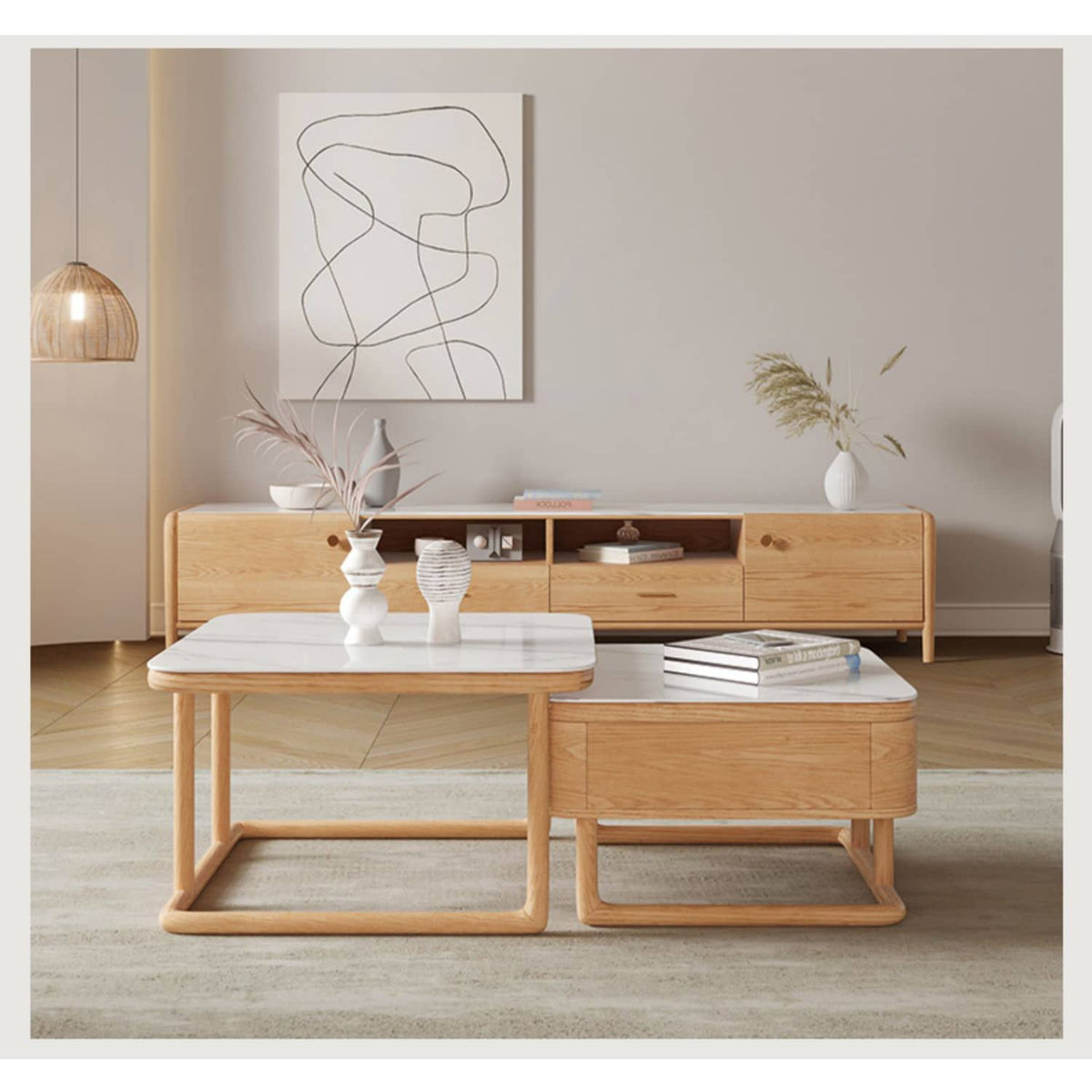 Elegant White Sintered Stone Tea Table with Oak Wood and Metal Accents hbzwg-638